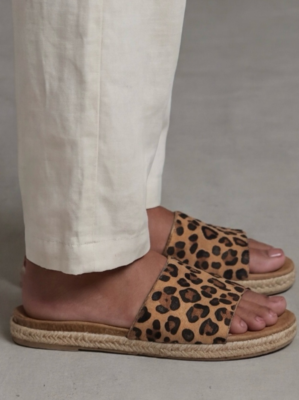 Calf Hair Leather cheetah slides sandals Comfort sole Resort wear Casual Chic